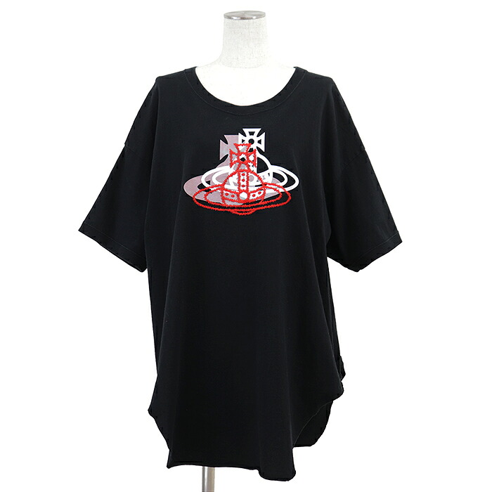 【SALE】Vivienne Westwood Red Label ヴィヴィアンウエストウッド レッドレーベル カットソー Tシャツ 半袖 サイズ 00 レディース オーブ プリント/刺繍 カットオフ オーバーサイズ コットン100% トップス ブラック 黒 日本製【中古】