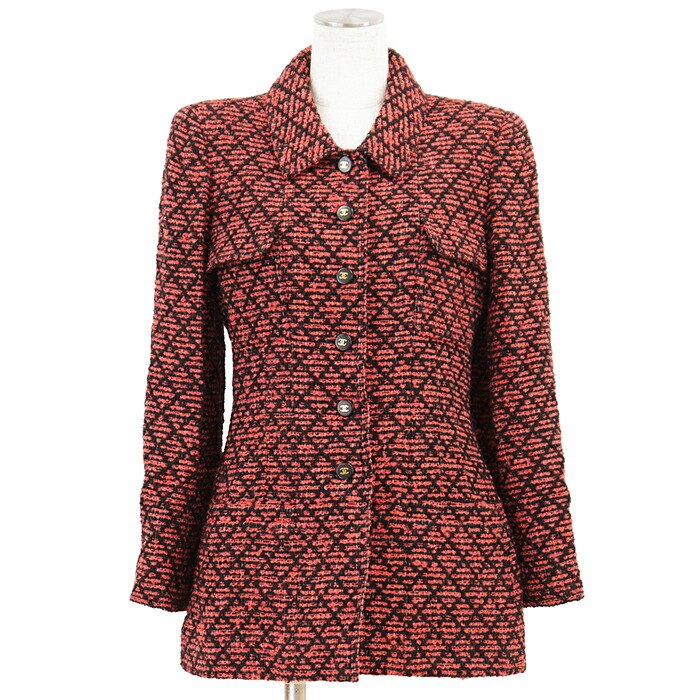 【美品】CHANEL BOUTIQUE シャネル ブチック ヴィンテージジャケット 大きさ 38 レディース 95A P05767 ツィード COCOマークロゴボタン 羊毛 × モヘヤ × ナイロン アウター 赤いこと 黒いこと 黒 赤 フランス共和国製 長い巻き毛・ラガーフェルド期【中古】