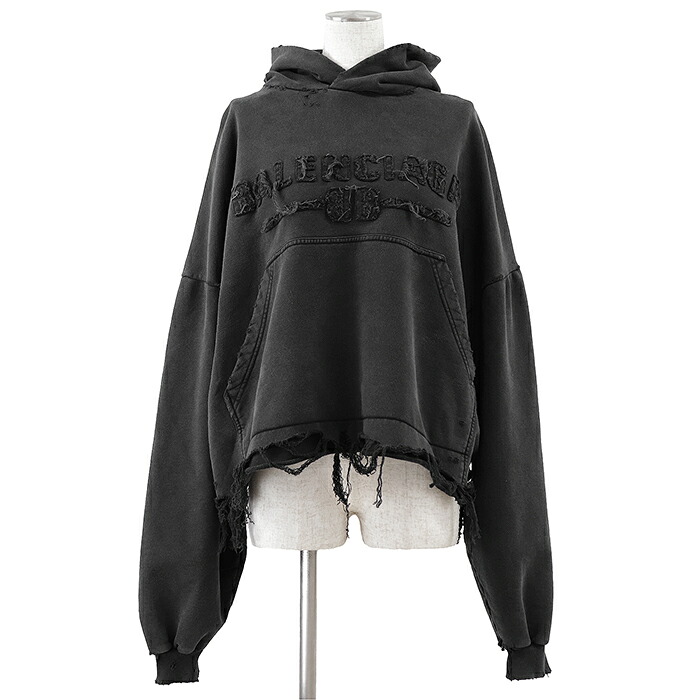 【美品】BALENCIAGA バレンシアガ 汗水 パーカー 大きさ 2 レディース 2024年製 BB ロゴタイプ 刺しゅう 刺しゅう デストロイ 不都合工業 クロップド フーディー ロング衣袂 長袖 トップス 濃灰色 ポルトガル共和国製【中古】