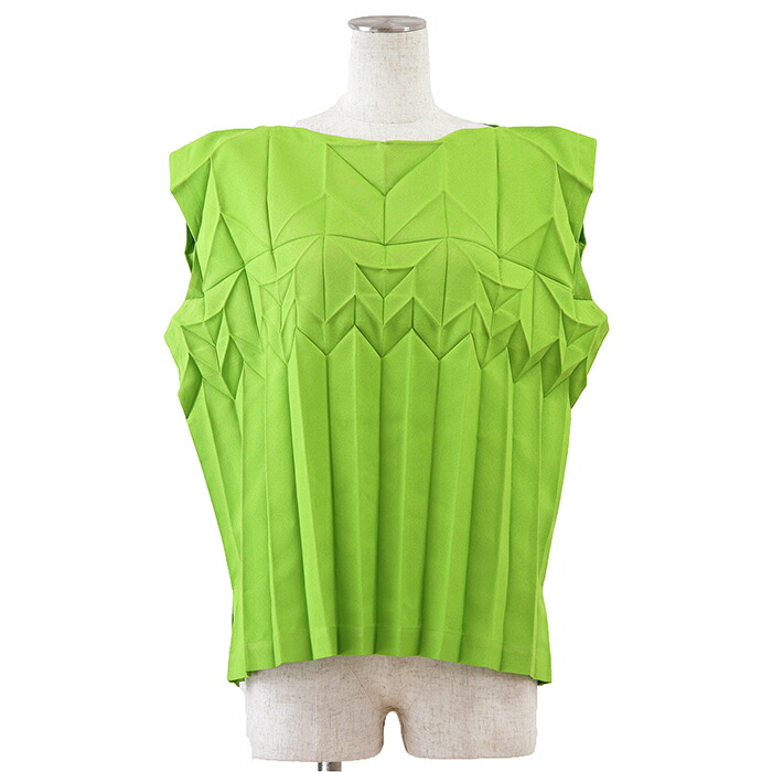 SALE【美品】me ISSEY MIYAKE ミー イッセイミヤケ カットソー ノースリーブ 大きさ書きあらわす無 レディース 筋目 ラウンド素っ首 幾何学的 姿勢細長い切口 トップス ライトグリーン 緑 フィリピン共和国製【中古】