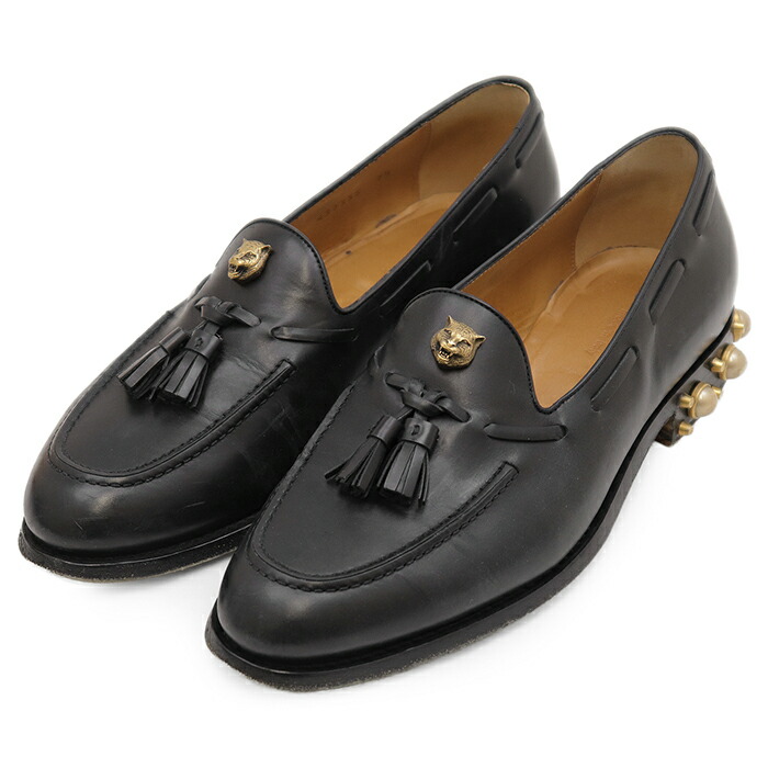 【SALE】GUCCI グッチ タッセルローファー サイズ 7.5 メンズ シグネチャー ゴールドキャットヘッド モチーフ フェイクパールスタッズ スリッポン シューズ 革靴 社外シューツリー付属 ブラック 黒 イタリア製【中古】