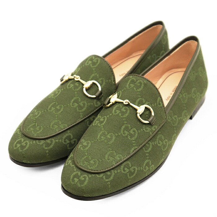 【未使用】GUCCI グッチ ローファー サイズ 36 1/2 レディース GGスプリーム ホースビット スリッポン キャンバス レザー シューズ 靴 箱・袋付属 ダークグリーン 緑 イタリア製【中古】