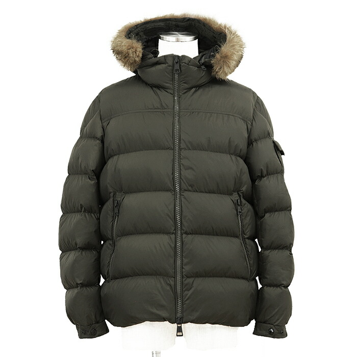 MONCLER モンクレール ダウンジャケット MARQUE サイズ 4 メンズ 2018年製 ロゴ ボタン ワッペン コヨーテファー&フード取り外し可 ジップアップ ミリタリー アウター ハンガー付属 カーキ 緑 アルメニア製【中古】