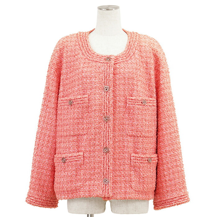 【美品】CHANEL シャネル 否色つや上衣 大きさ 50 レディース P63187 幻想曲ツィード ラメ糸 書き判 ロゴタイプ COCO目じるし 名取り草 5B アウター サクラ色 サクラ色 フランス共和国製 ヴィルジニー・ヴィアール期【中古】