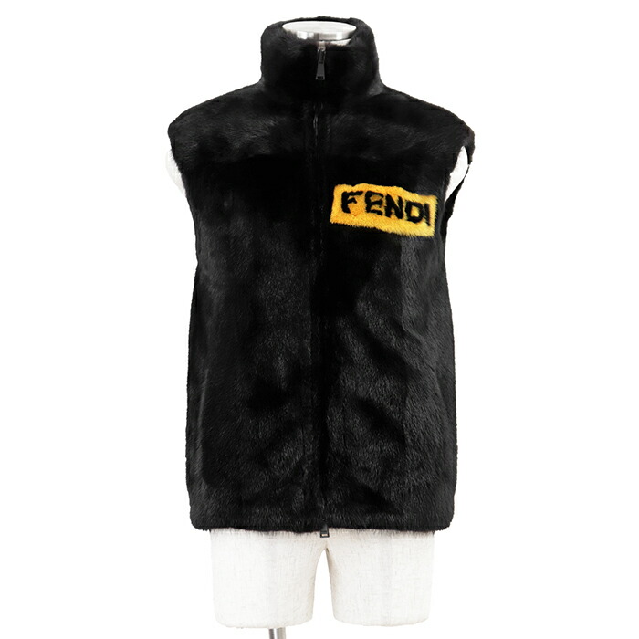 【極美品】FENDI フェンディ 限りない ミンクのコート毛革 大きさ 46 メンズ 2021年製 FF ロゴタイプ モノグラム 編み物上張り カシミール100% なめし革 子ヒツジ人はだ ジップアップ 照明ランプ色つや ジレ アウター 引き船属する 黒いこと 黄色 黒 黄 イタリア共和国製【中古】