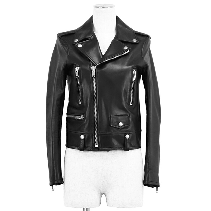 SAINT LAURENT PARIS サンローランパリ 上衣 大きさ 36 レディース なめし革 ライダース シルバージップ 肩章 子ヒツジなめし革 羊革 アウター 黒いこと 黒 イタリア共和国製【中古】