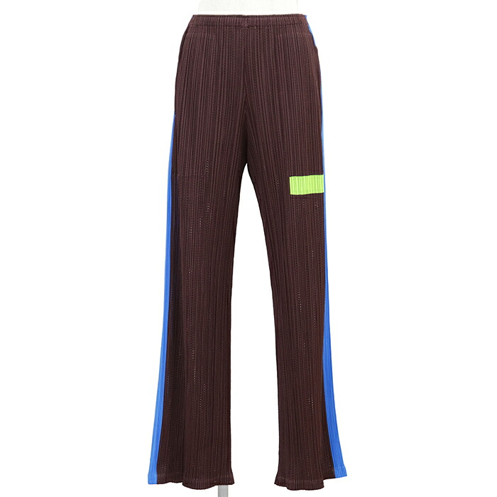 SALE【極美品】PLEATS PLEASE プリーツプリーズ イージーパンツ サイズ 4 レディース サイドライン カラーブロック ウエストゴム 軽量 ストレート ボトムス ブラウン 茶色 日本製【中古】