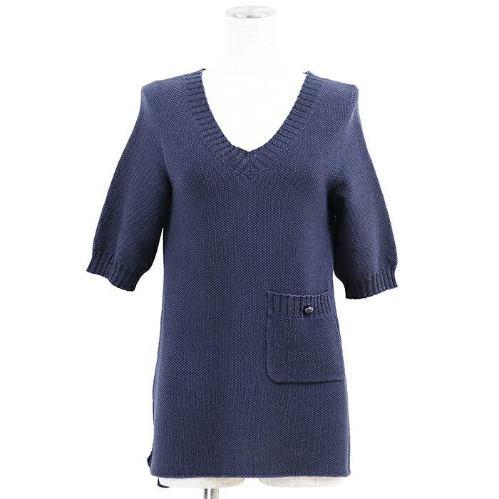 SALE【美品】CHANEL シャネル 編み物 二分の一衣袂 大いさ 34 レディース P51263 2015年製 COCO目じるし ロゴタイプ 伝達ルート石ころ 置き目ゲージ Vのど首 トップス ネイビーパープル 紺 紫 フランス共和国製 長い巻き毛・ラガーフェルド期【中古】