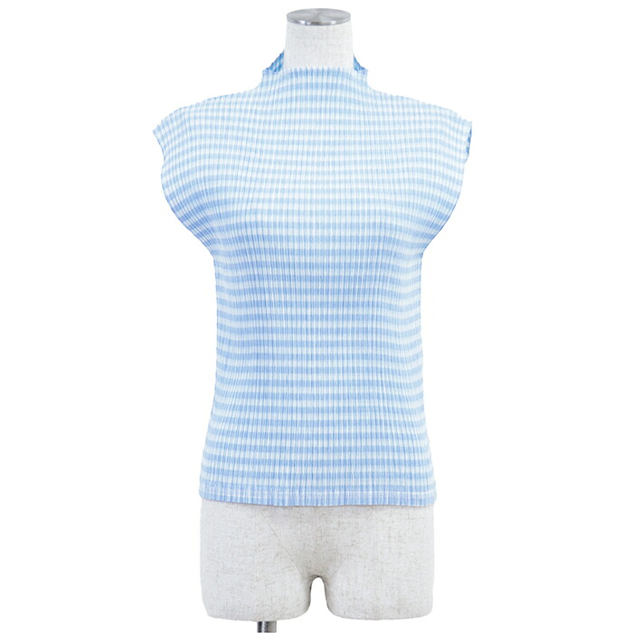 SALE【新品同様】ISSEY MIYAKE イッセイミヤケ カットソー ギンガムチェック サイズ 2 レディース プリーツ ハイネック フレンチスリーブ トップス サックスブルー 青 日本製【中古】