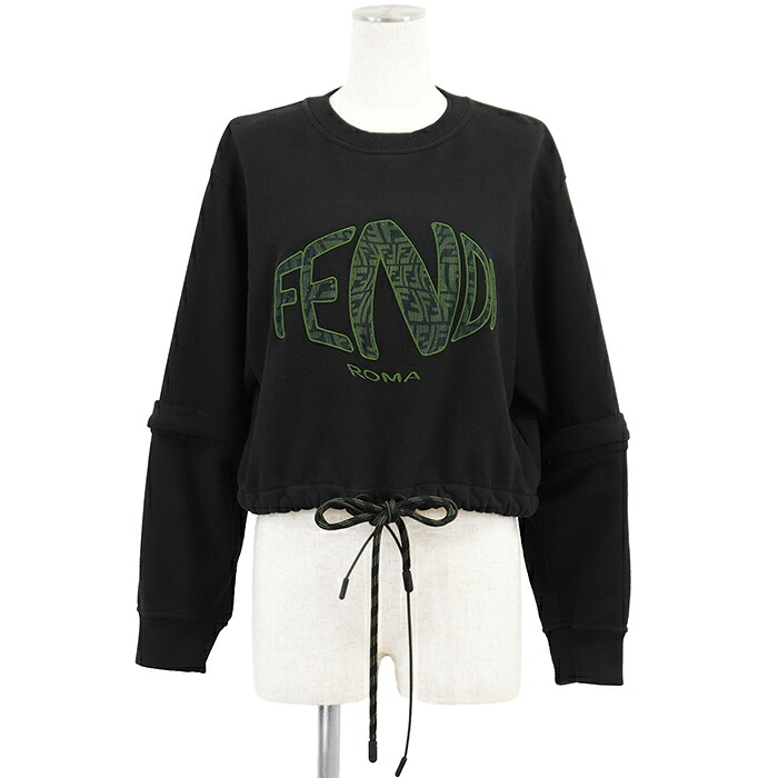 SALE【美品】FENDI フェンディ クロップドスウェット 大きさ XS レディース 名書き ロゴタイプ メッシュ × 刺しゅう 刺しゅう 短丈 2WAY デタッチャブルスリーブ ドローコード 調教師 トップス 黒いこと 緑であること 黒 緑 イタリア共和国製【中古】