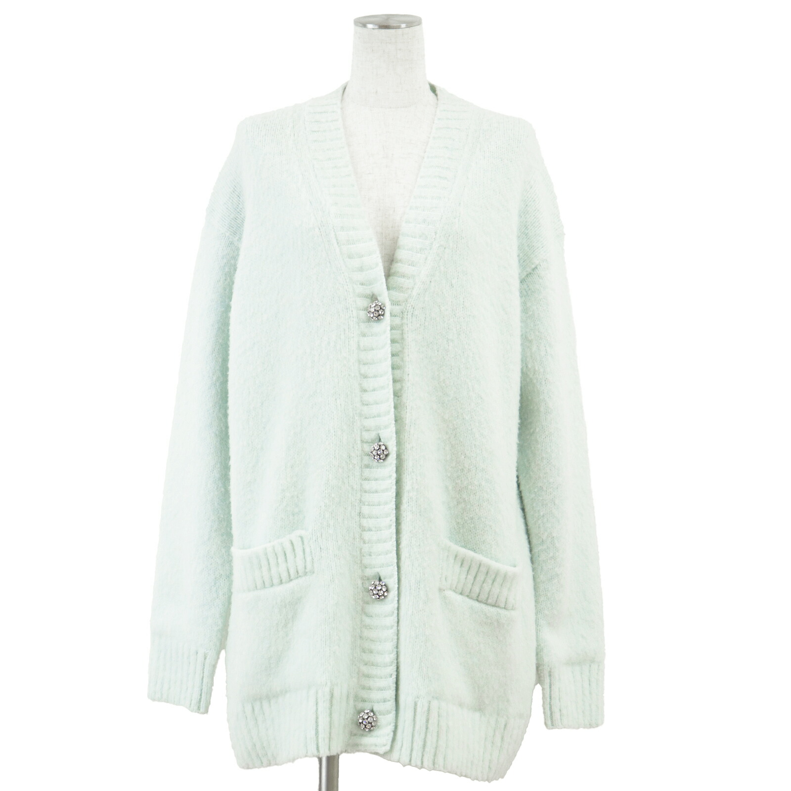 【美品】PRADA プラダ 編み物 大きさ 40 レディース ジレー シャギーニット ３角形ロゴタイプ ビジューボタン シフォン裏打ち 24AW トップス ハンガー嘱する サキソフォン青碧 青 イタリア共和国製【中古】