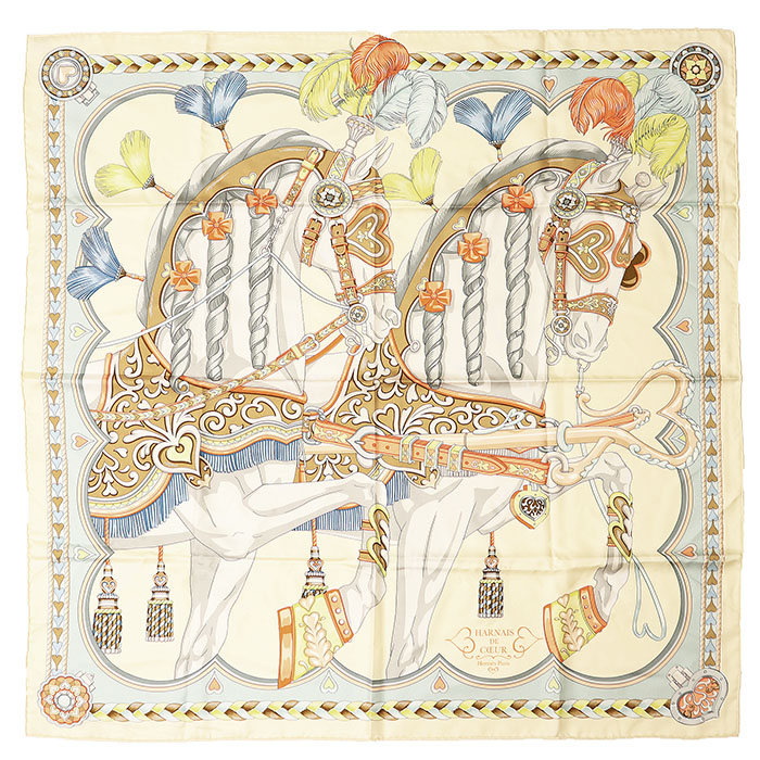 【新品同様】HERMES エルメス カレ90 Harnais de Coeur アルネ・ドゥ・クール ロゴ ホース 馬車 メンズ レディース ユニセックス シルク100% スカーフ 小物 アイボリー フランス製【中古】