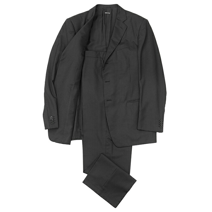 SALE【美品】GIORGIO ARMANI ジョルジオアルマーニ スーツ サイズ 52 メンズ ジャケット スラックス ピンストライプ ウール × シルク テーラード ノッチドラペル 3B センターベント シングル ビジネス セットアップ チャコール イタリア製【中古】