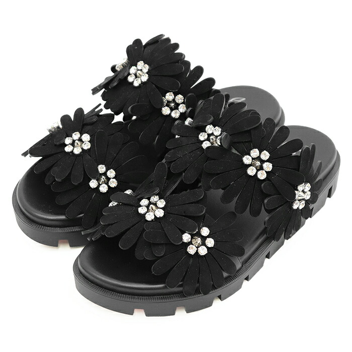 【未当てはめる】Christian Louboutin クリスチャンルブタン サンダル 大いさ 38.5 レディース FLORA COOL FLAT 植物相 冷やりとした 坦々たる クリスタルビジュー ＆ スタッズ スエードクロス フラワーストラップ ナッパレザー シューズ 革靴 箱・袋属する 黒いこと 黒 イタリア共和国製【中古】