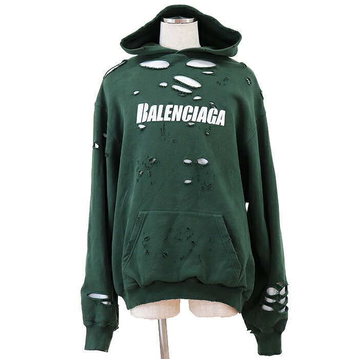 【美品】BALENCIAGA バレンシアガ スウェットパーカー 大きさ XXS メンズ レディース ユニ一発やる 2021年製 UNIFIT ロゴタイプ 刷り上げる デストロイ フェイクレイヤード 綿織物100% フーディー ティーシャツ ロング捩り 長袖 トップス 緑であること 緑 ポルトガル共和国製【中古】