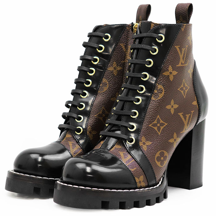 【美品】LOUIS VUITTON ルイ・ヴィトン ブーツ スタートレイルライン 大きさ 37 レディース 2020年製 LVモノグラム ロゴタイプ サイドジップ スピード競技引きあげる 遊撃手 アンクル ハイヒール シューズ 靴 黒いこと 黒 イタリア共和国製【中古】