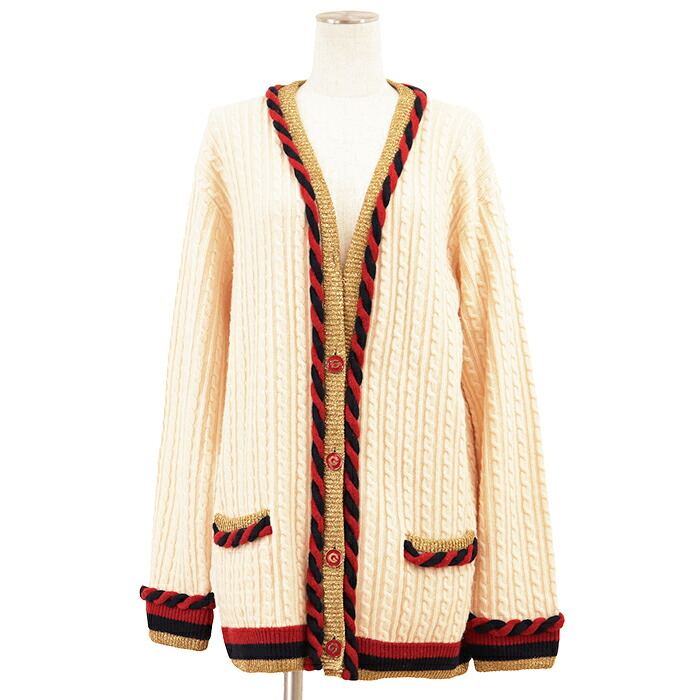 GUCCI グッチ 編み物 ジレー 大いさ S レディース 有線テレビ編み メタリック ウェブストライプ 切り調える ロング丈 羊毛×カシミヤ トップス 象牙色 ゴールド 赤いこと 金色 赤 イタリア共和国製【中古】