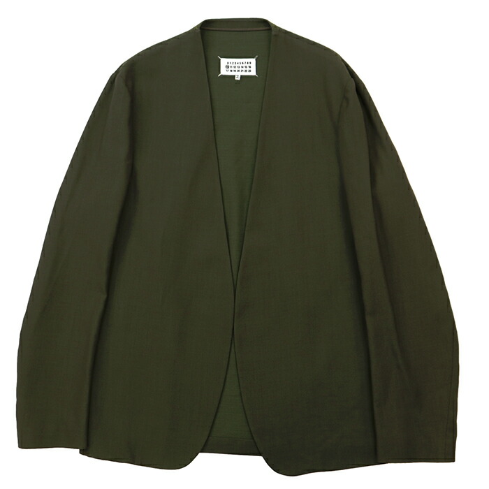 【美品】Maison Margiela メゾンマルジェラ ジャケット サイズ 48 メンズ ウール100% オープンフロント ノーカラー アウター ダークグリーン 緑 イタリア製【中古】