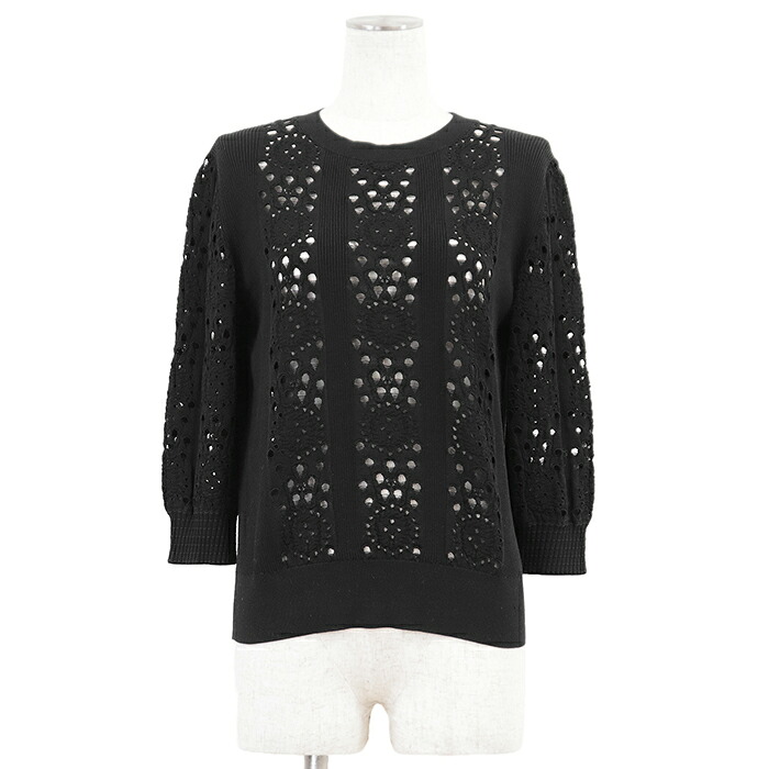 CHANEL シャネル ニット サイズ 42 レディース P62984 リブニット 透かし編み カットワーク プルオーバー 七分丈 トップス ブラック 黒 イタリア製【中古】｜オパール店