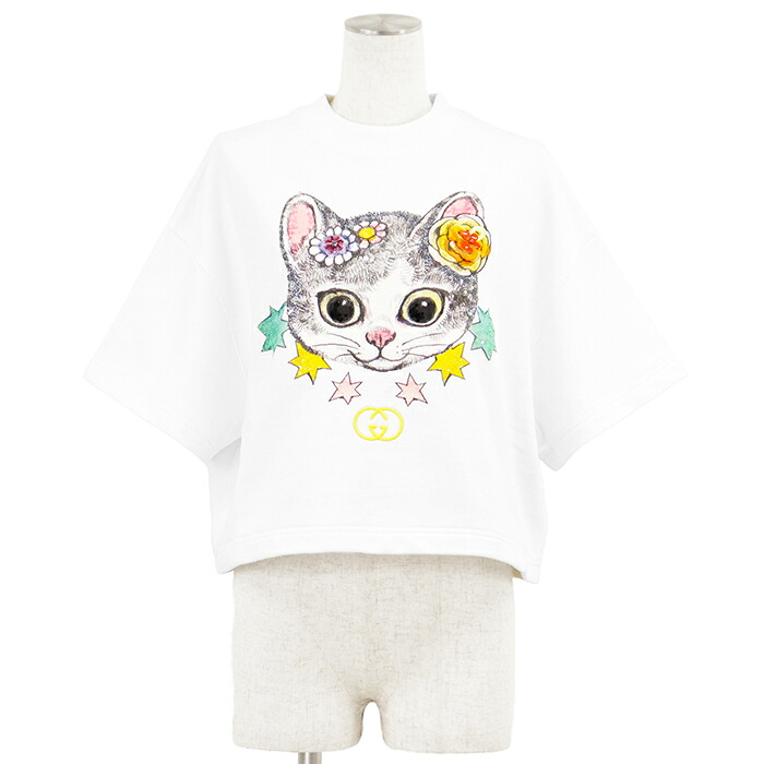 【日本限定/未使用】GUCCI グッチ × ヒグチユウコ クロップドスウェットTシャツ サイズ S レディース キャット 猫 GG ロゴ インターロッキング エンブロイダリー 刺繍 スパンコール ビーズ 半袖 トップス 付属有 ホワイト 白 イタリア製【中古】|オパール店