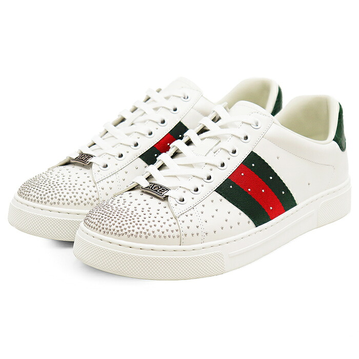 【極美品】GUCCI グッチ ローカットスニーカー 大いさ 8 メンズ ACE はやりっ子 書き判 ロゴタイプ 金属元素お皿 シェリー酒伝達ルート ウェブストライプ スタッズ なめし革 シューズ 革靴 箱/袋属する 白いこと 白 イタリア製 853252【中古】