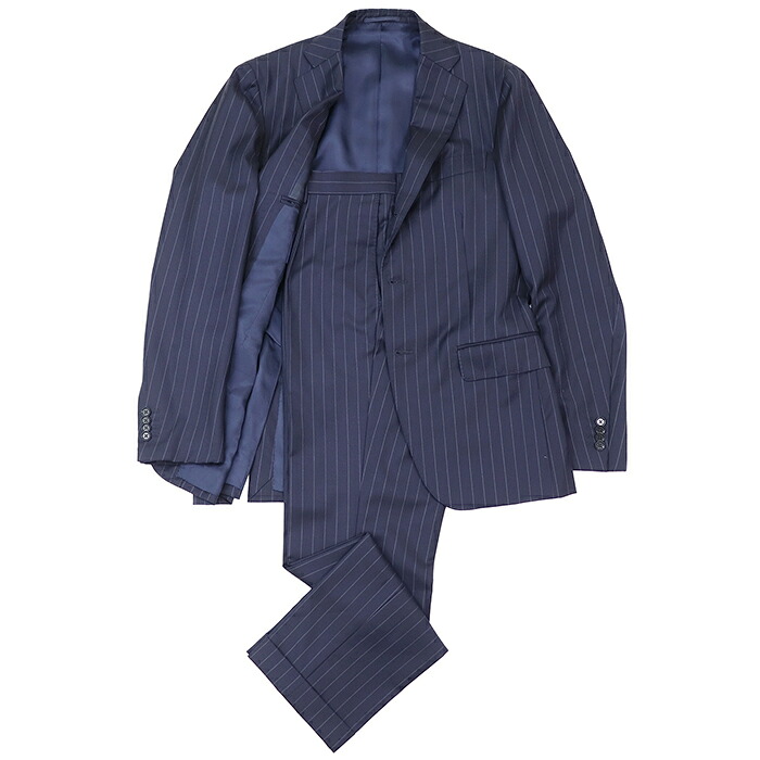 【美品】RING JACKET リングジャケット セットアップ サイズ 46 メンズ ジャケット スラックス チョークストライプ ノッチドラペル 3B 開き見せ サイドベンツ ウール100% スーツ ネイビー 紺 日本製【中古】|オパール店
