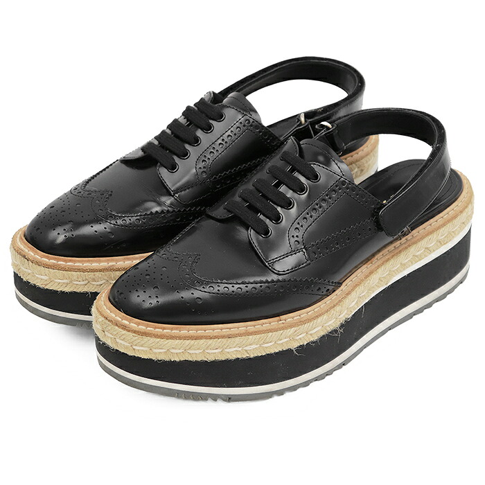 【SALE】PRADA プラダ プラットホームサンダル 大いさ 38 レディース エスパドリーユ クリーパー ブローグ ウィングチップ なめし革 × ジュート ベルクロ スリングバック 厚底 シューズ 革靴 黒いこと 黒 イタリア共和国製【中古】