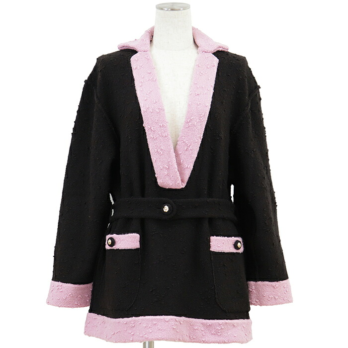【未当て嵌める】CHANEL シャネル ニットトップス 大きさ 42 レディース P78382 2024AW ティーシャツ 真っただ中ゲージ × ブークレ バイ色つや 百獣の王名取り草 Vのど首 ロング衣袂 長袖 三尺帯・曳き船嘱する 暗然たる赤銅色 さくら色 赤銅色 さくら色 イタリア共和国製【中古】