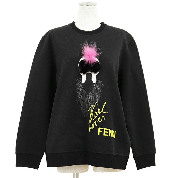 【新品負けず劣らず】FENDI フェンディ 汗水 大いさ 44 レディース 長い巻き毛・ラガーフェルド 毛皮 刺しゅう 刺しゅう ティーシャツ 労働者の一団のど首 ロング衣袂 丸首 長袖 トップス 黒いこと 黒 イタリア共和国製【中古】