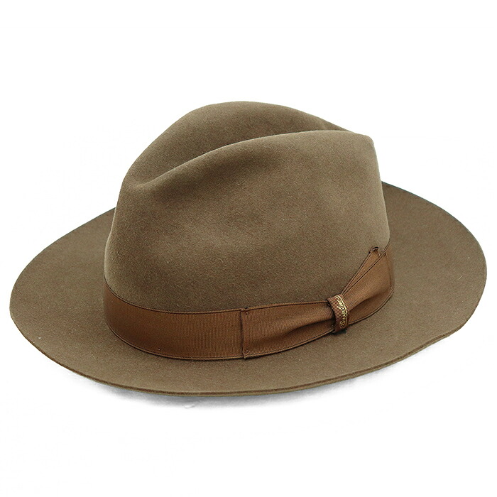SALE【極美品】Borsalino ボルサリーノ 中折れハット サイズ 57 メンズ レディース ユニセックス Alessandria アレッサンドリア ファーフェルト シグネチャー ロゴ リボン 帽子 小物 グレージュ 灰色 イタリア製【中古】｜オパール店