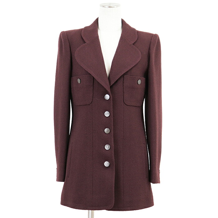 【美品】CHANEL BOUTIQUE シャネル ブチック ヴィンテージツイードジャケット 大きさ 38 レディース 97A P09285 COCO目じるし ロゴタイプ名取り草 アウター チェーン店属する バーガンディ フランス共和国製 長い巻き毛・ラガーフェルド期【中古】