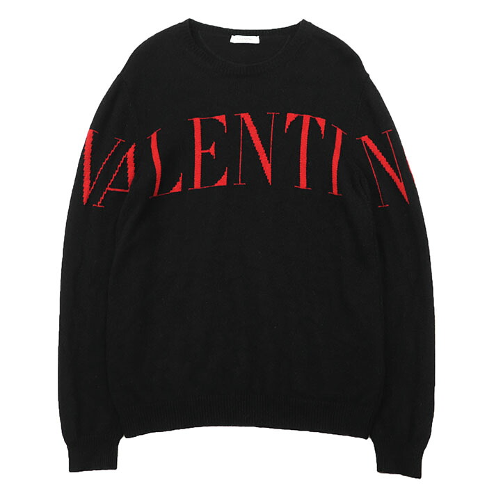 【SALE】Valentino ヴァレンチノ 編み物 カシミール100% 大きさ L メンズ ロゴタイプ ロング捩り 労働者の一団のど首 長袖 トップス 黒いこと 赤いこと 黒 赤 イタリア共和国製【中古】