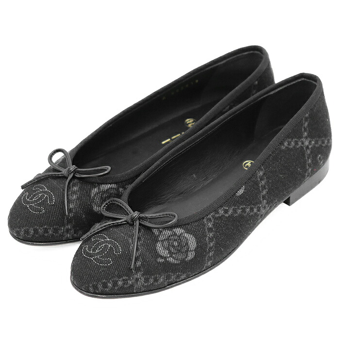 【極美品】CHANEL シャネル 女性バレエダンサー 大きさ 36C レディース G02819 ジーンズ 書き判 ロゴタイプ COCO目じるし カメリア チェーン店 主題 シュロの葉 平ったい バレーシューズ 靴 箱/袋属する 黒いこと 黒 イタリア共和国製【中古】