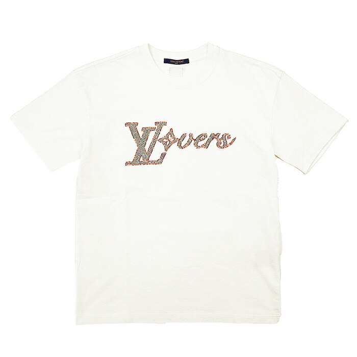 【極美品】LOUIS VUITTON ルイ・ヴィトン 半袖Ｔシャツ 大きさ M メンズ 24AW LV Lovers ロゴタイプ ビース メタリック 綿織物100% トップス 象牙色 白 イタリア共和国製【中古】