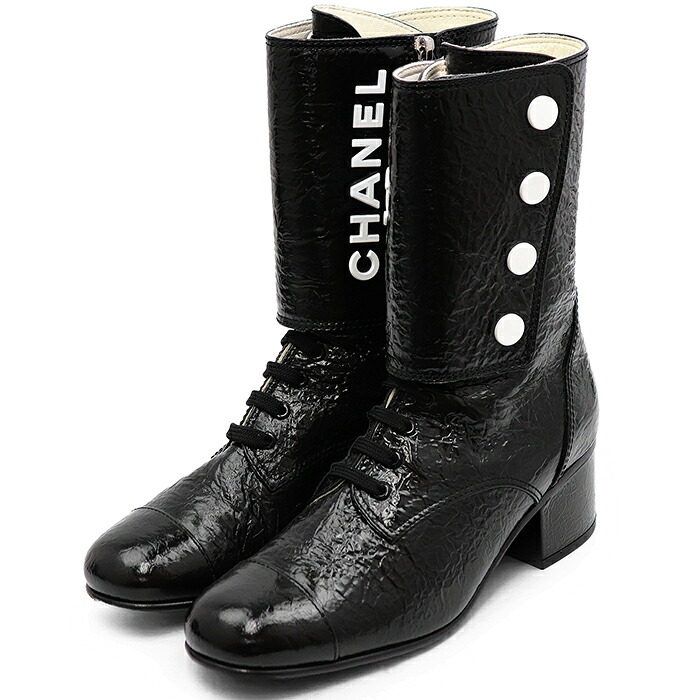 【希少・美品】CHANEL シャネル ブーツ サイズ 40 レディース ロゴ ココマーク ホワイトボタン キャップトゥ レースアップ ミドル ロング シューズ 靴 袋付属 ブラック 黒 イタリア製【中古】｜オパール店
