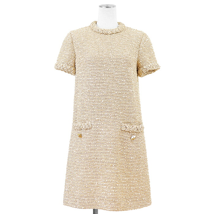 【美品】Valentino ヴァレンチノ ツィード衣裳 大きさ 38 レディース ラメ糸 スタッズ 隠し うしろ側チャック 遊撃手衣袂 半袖 御召しもの 象牙色 ゴールド 金色 イタリア共和国製【中古】