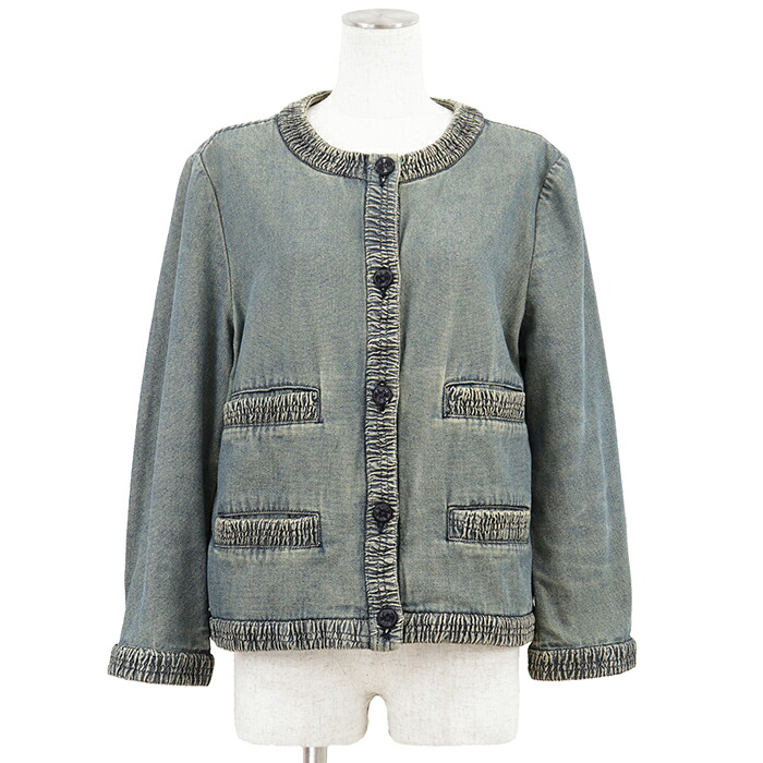 【美品】CHANEL シャネル ヴィンテージジャケット 大きさ 44 レディース 01P P17115 インディゴダイ 間鴨 アウター ライトインディゴ イタリア製 長い巻き毛・ラガーフェルド期【中古】