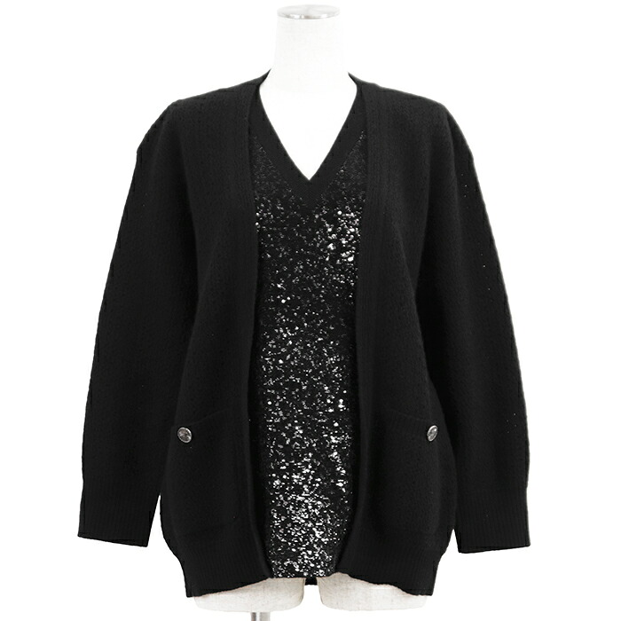【新品負けず劣らず】CHANEL シャネル 長袖編み物 大きさ 38 レディース P49972 スパンコール 縛 羊毛 × アンゴラ トップス 黒いこと 黒 イタリア製 長い巻き毛・ラガーフェルド期【中古】