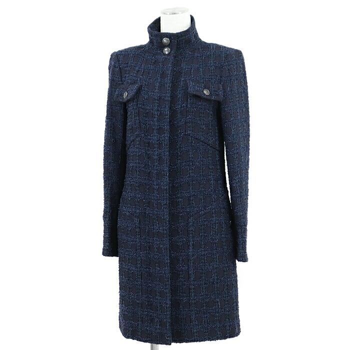 【美品】CHANEL シャネル ロング厚地の外套 大きさ 36 レディース P50242 ツィード シマー ロゴタイプ COCO目じるし 名取り草 ジップアップ アウター 青み系 青 フランス共和国製 長い巻き毛・ラガーフェルド期【中古】