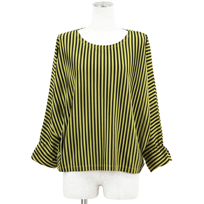 SALE【美品】PLEATS PLEASE 筋目プリーズ 長袖カットソー 大いさ 3 レディース 縞模様 ポリエステル100% トップス 黄色 黒いこと 黒 黄 日本製【中古】