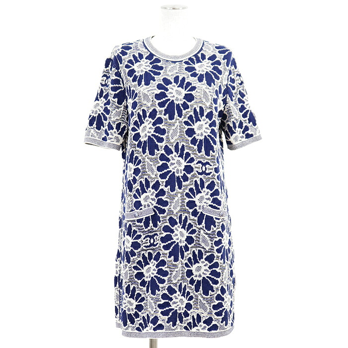 【美品】CHANEL シャネル 半袖編み物衣装 大きさ 42 レディース P63042 御花 スピード競技 お召しもの 青色 青 イタリア共和国製【中古】