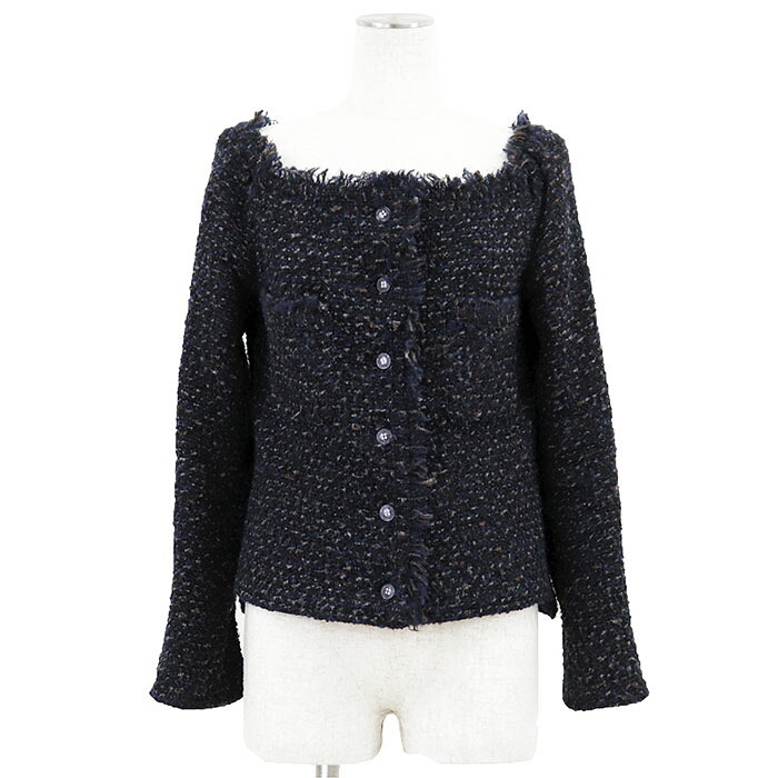 【美品】CHANEL シャネル ヴィンテージ 上衣 羊毛 x モヘヤ 大きさ 38 レディース 02A P19972 2002AW ロゴタイプ 名取り草 アウター 米国海軍 紺 フランス共和国製 長い巻き毛・ラガーフェルド期【中古】