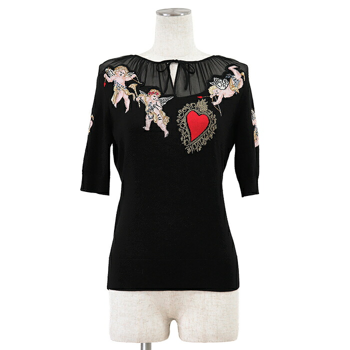 DOLCE&GABBANA ドルチェアンドガッバーナ 半袖 ニット サイズ 36 レディース ハート エンジェル 天使 シアー コンビネーション トップス ブラック 黒 イタリア製【中古】｜オパール店