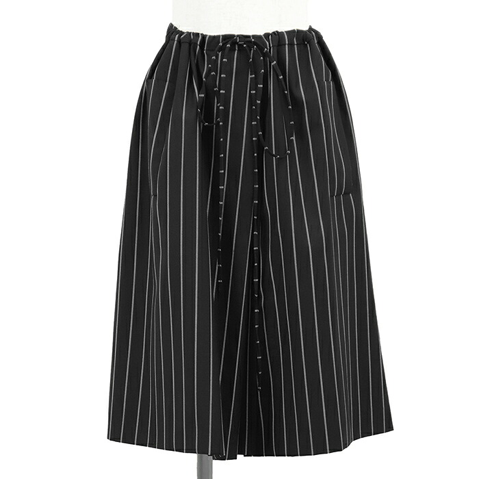 【SALE】JIL SANDER ジルサンダー スカート サイズ 34 レディース ストライプ ストレッチ ウエスト ドローストリング サイドポケット ボトムス ブラック ホワイト 黒 白 総柄 イタリア製【中古】｜オパール店
