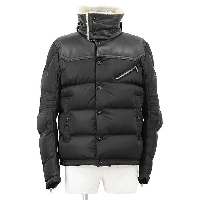 MONCLER モンクレール ダウンジャケット サイズ 2 メンズ LEO レオ 2023年モデル ボアカラー レザー コンビネーション ロゴパッチ 2WAY フード収納 アウター ブラック 黒 ルーマニア製【中古】｜オパール店