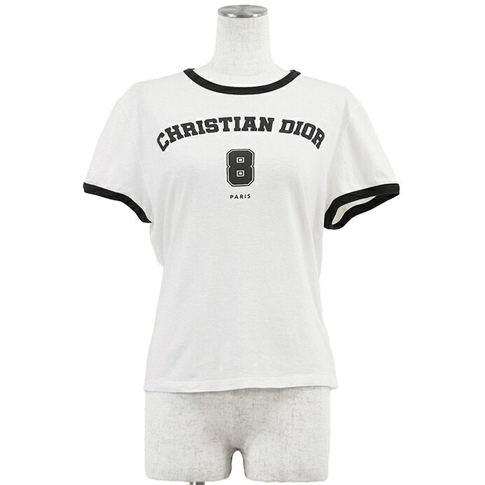 【美品】Christian Dior クリスチャンディオール リンガーTシャツ サイズ L レディース コットン × リネン ロゴ 8 フットボール Bee 蜂 プリント プルオーバー ショートスリーブ 半袖 トップス ホワイト ブラック 黒 白 イタリア製 513T07A4222【中古】|オパール店