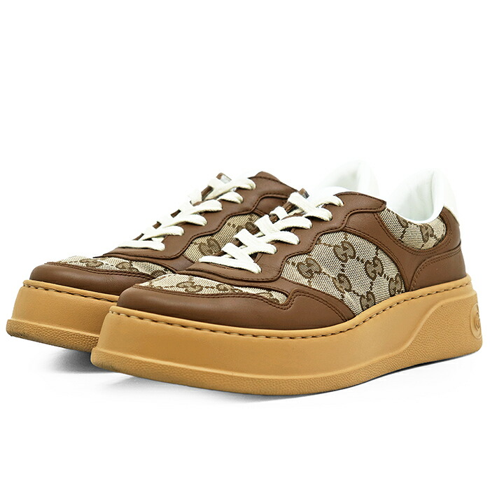 【極美品】GUCCI グッチ スニーカー キャンバスｘレザー サイズ 6.5 レディース GGスプリーム ロゴ レースアップ ラバーソール シューズ 靴 キャメル ブラウン イタリア製 675840【中古】｜オパール店 47,520円