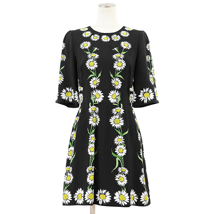 【極美品】DOLCE&GABBANA ドルチェアンドガッバーナ ワンピース サイズ 38 レディース 花柄 プリント 半袖 フレア ひざ丈 ドレス ブラック 黒【中古】｜オパール店