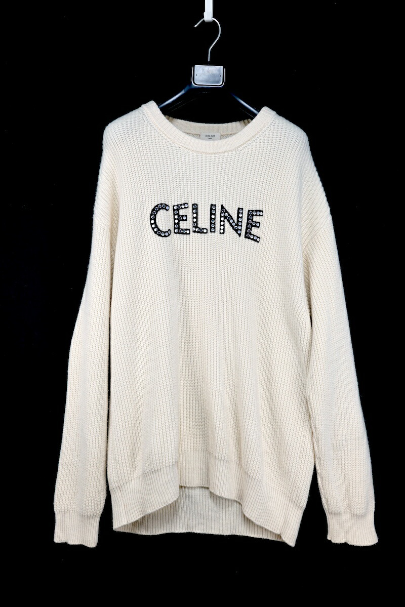 CELINE セリーヌ ニット セーター レディース スタッズ付き オーバーサイズ 長袖 クルーネック ロゴ リブ ウール100% XSサイズ 2A68W642Q 【中古】コンディション 当社が定める