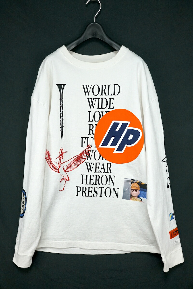 HERON PRESTON collage print cotton Long Sleeve T-Shirt ヘロンプレストン コラージュ プリント ロングTシャツ 長袖 刺繍 ホワイト コットン M